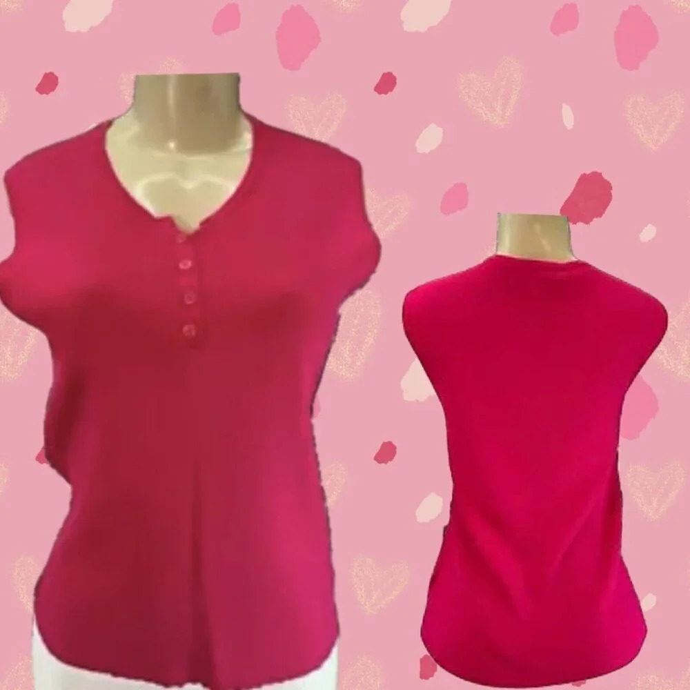 Nine & Company L Fuchsia Pink Button Neckline Ribbed Rayon Blend Sleeveless Top